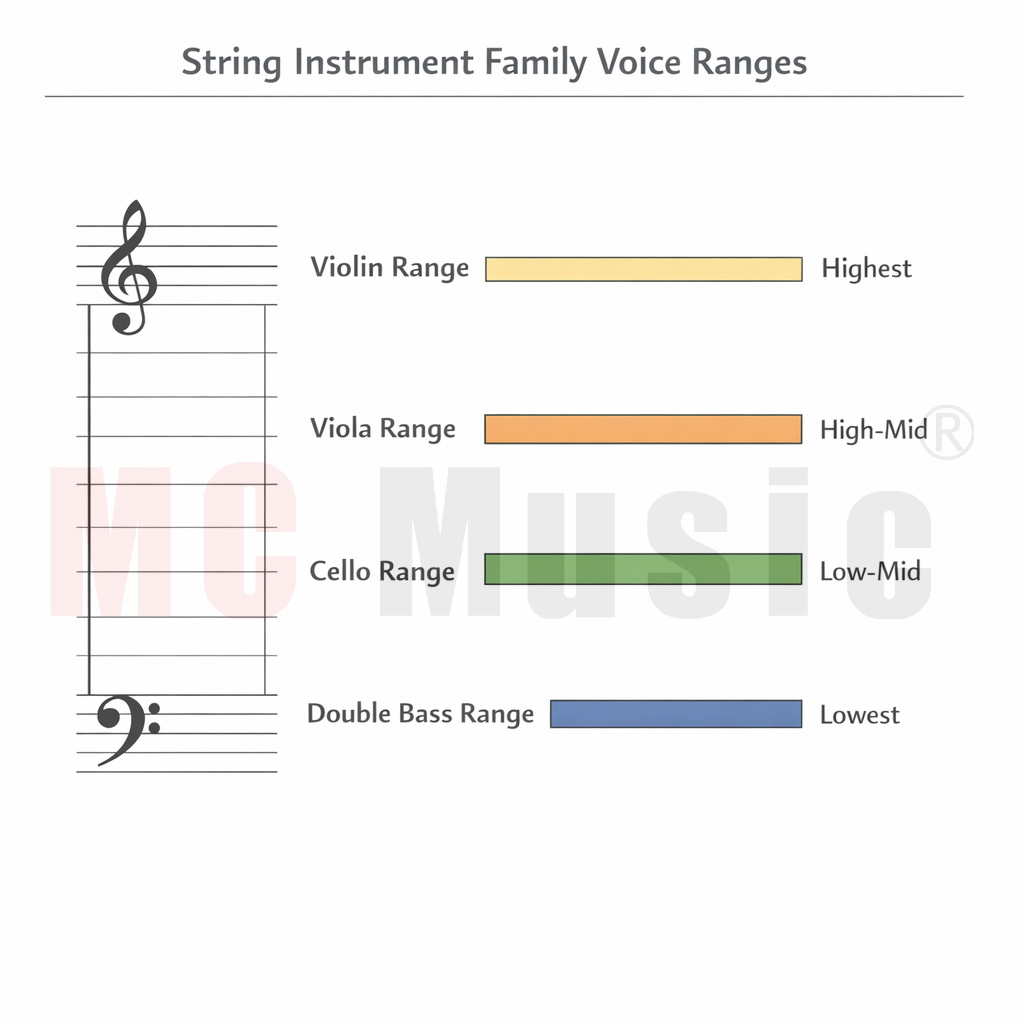 弦樂聲部圖：小提琴、中提琴、大提琴、低音大提琴音域與聲部位置比較